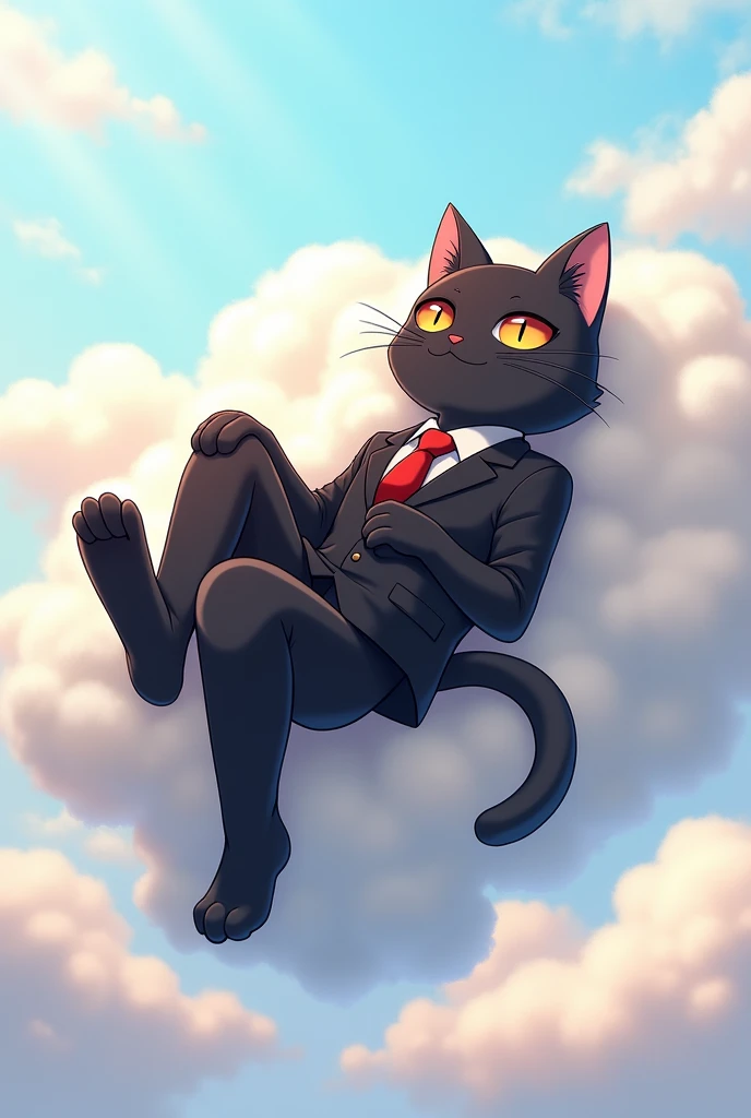 Black cat with a humanoid body, wearing a black suit and a red tie, lying on a cloud. Digital art in anime style, well drawn.