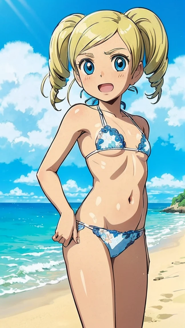 Absurd, Very detailed,Bright colors, Very beautiful and detailed anime faces and eyes, View from the front, ;teeth, Shiny_skin,ppgzmmk, ((White bikini with blue floral sheer lace and floral pattern:1.1) ,(Very small breasts,:1.1),blue eyes, blonde hair, twin drills, StudioGhibliStyleHMC , Beautiful Clouds, beach,