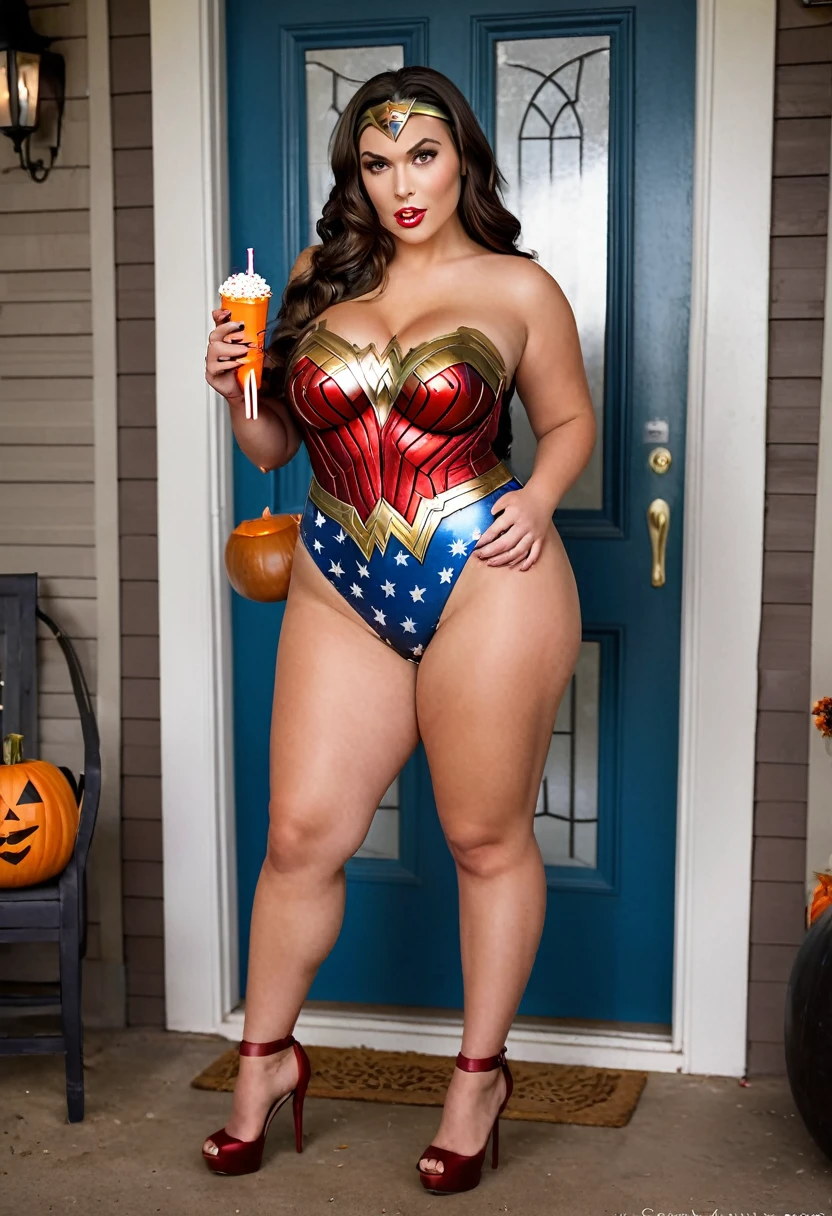 Full body shot of a beautiful long-haired brunette with a fat thick curvy tall body with huge breasts and long legs. Wearing a skimpy Wonder Woman outfit for Halloween. Wearing high heels. Answering the door of her home with a bowl of candy.