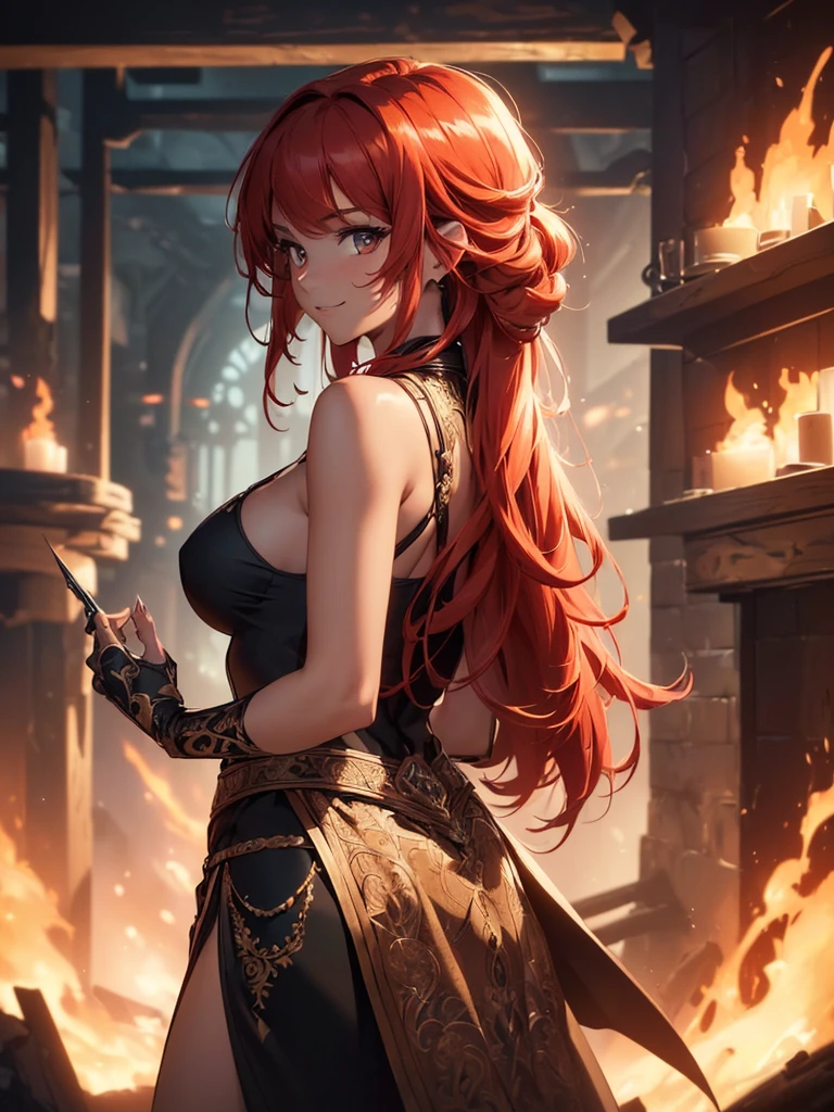 (((best quality, sharp image, clear image, cinematic lighting, 8k resolution, masterpiece, ultra detailed, intricate))) Girl, (((looking over left shoulder))), (shot from behind), fire mage, ((intricate background)), ((chaotic background)), red hair, smiling