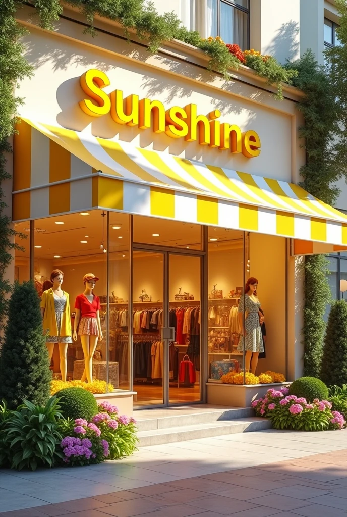 The facade of a large clothing store called "Sunshine Clothes"
