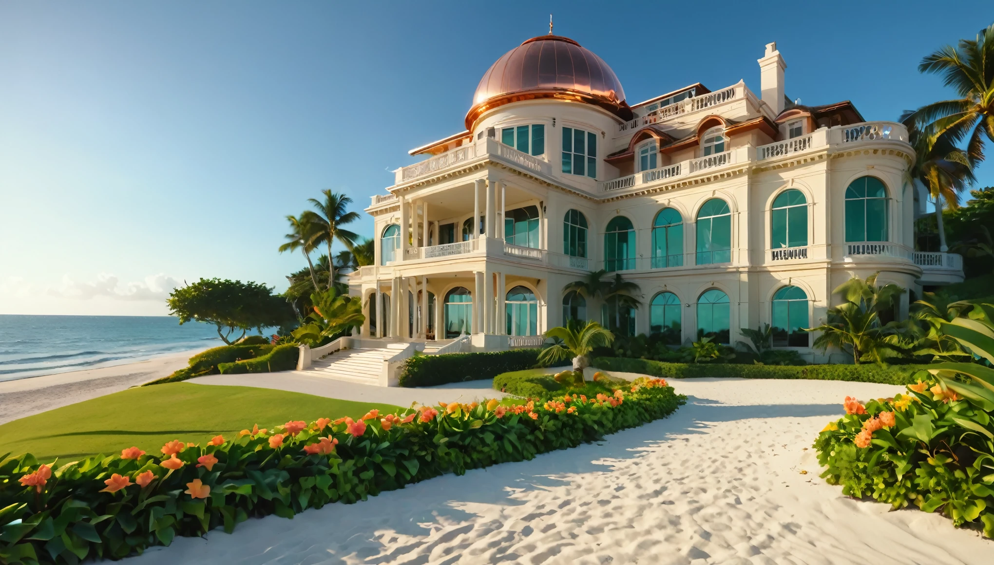 (best quality,4k,8k,highres,masterpiece:1.2),ultra detailed,(realistic,photorealistic,photorealistic:1.37),HDR,UHD,
The camera is positioned on the beach looking along towards a mansion, the mansion is clad in polished copper and has a green glass dome in the center, the surrounding garden has bright colored tropical flowers, the beach is a soft gold sandy color, the mansion has various levels and is the utmost luxurious design,