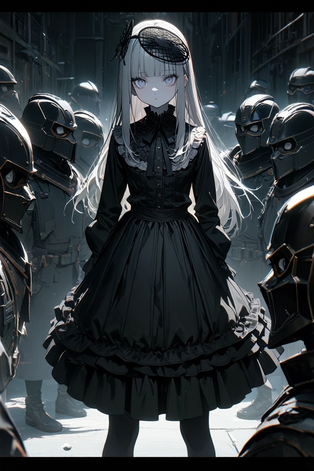 (8k, best quality, master piece: 1.2), super high resolution,1 girl,solo,16yo,ultra-detailed face,detailed eyes,silver eyes,blunt bangs,silver hair,Straight Hair,Long Hair,pale skin,long sleeve petal collar blouse,black Fascinator,Tiered skirt,expressionless,Surrounded by bodyguards