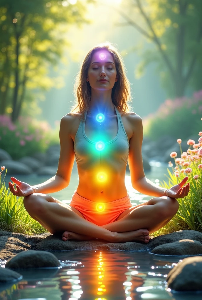 drawing of a woman sitting meditating with the 7 chakras
