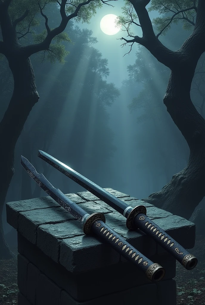 Create a black katana broken in half