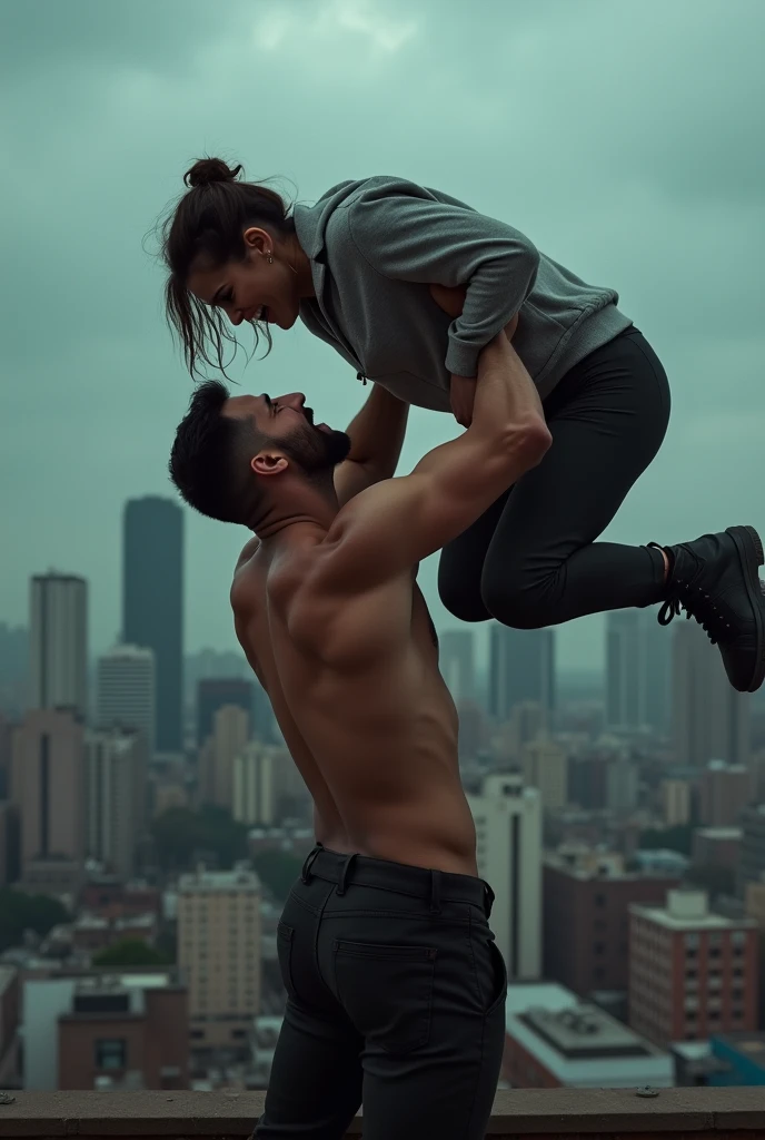 a young woman lifting a scared man over her head, standing on a rooftop near the edge, beautiful detailed face and muscles, strong muscular woman, dramatic action pose, rooftop cityscape, overcast sky, cinematic lighting, photorealistic, highly detailed, cinematic composition, epic scale, dramatic shadows, stunning realism, masterpiece