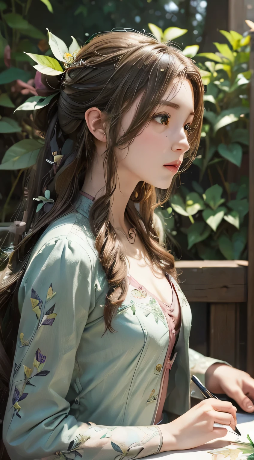 Trends on ArtStation, Trends on CGSociety, Intricate, High Detail, Sharp Focus, Dramatic, Aerith Gainsborough, Realistic Art of Drawing by Midjourney and Greg Rutkowski, Sketch, Masterpiece, Best Quality, Very Detailed, 1girl, Half, Beautiful Meticulous Eyes, Cute Anime Face, Bust, Beautiful Meticulous Face, White Hair, (Botanical Illustration: 1.5),