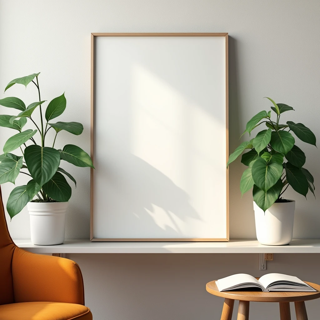 A framed A4 poster with a blank canvas, placed on a minimalist Scandinavian-style shelf. The poster is surrounded by indoor plants in ceramic pots, with a neutral-toned wall as the backdrop. The setting includes a cozy reading nook with a wooden chair, a small table with a book, and soft ambient lighting