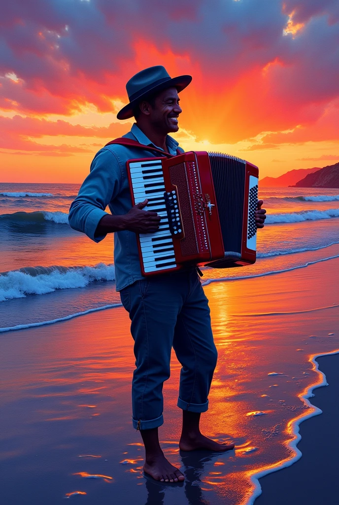Make a gouache painting of the shadow of a man playing accordion on the beach at sunset, only the color of the accordion appears.