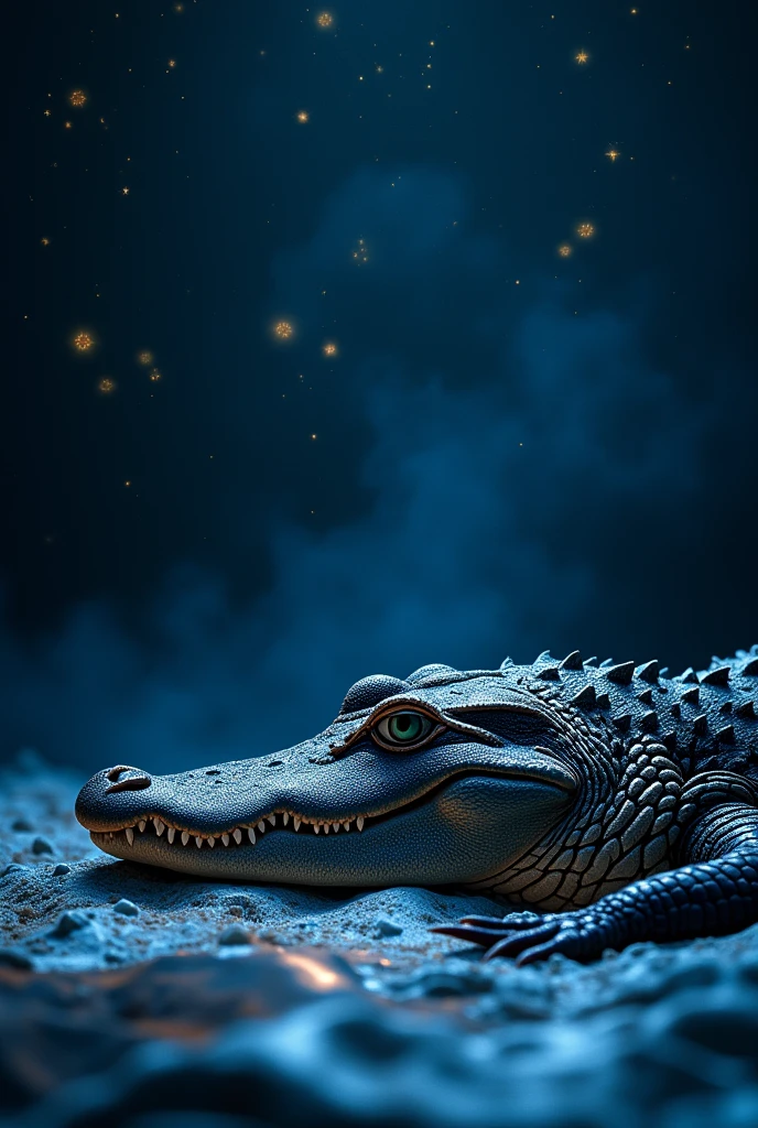 A crocodile on a dark and starry night on the sheet and from where the background stars a and net in great spirit