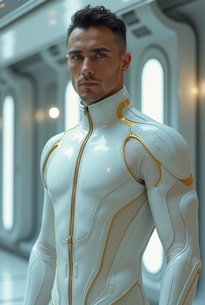 Man with short curly hair, White skin, grey eyes, defined and athletic body, White sci-fi costume clothing with gold details., wait, safe,