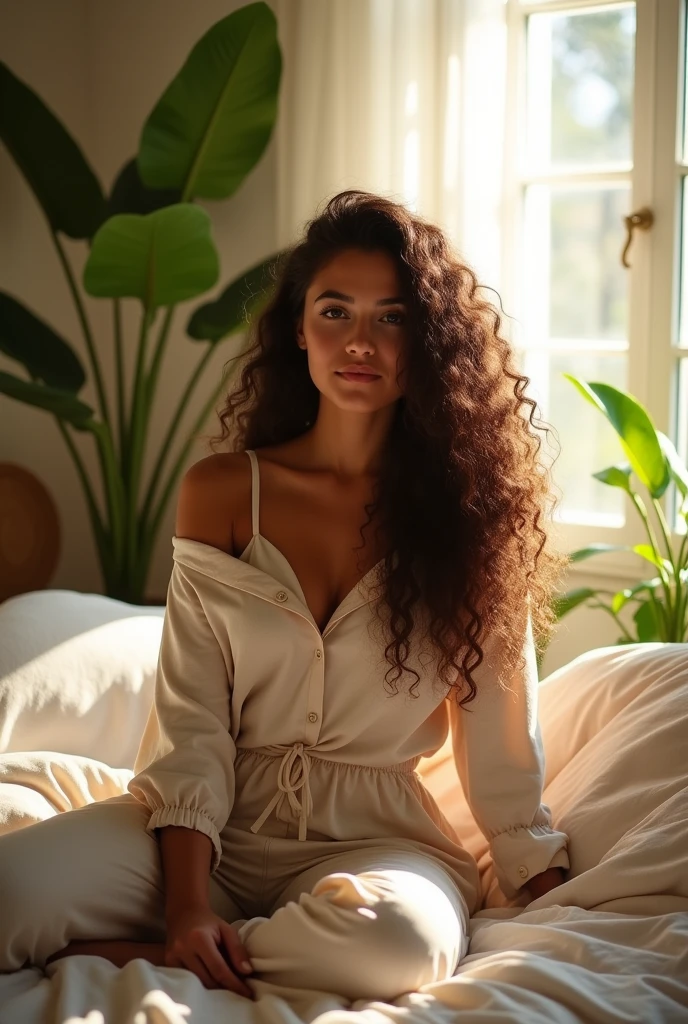 (photorealism:1.2), beautiful woman, sitting on bed, wearing loose off-shoulder top, pajama pants, long curly hair, indoors, soft lighting, plants in background, window with sunlight, cozy room, relaxed pose, realistic, intricate details, warm colors, by Greg Rutkowski, by Alphonse Mucha