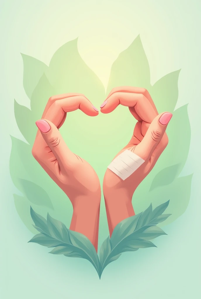 Two hands shaking hands that together form a heart. One of the hands has a injured finger, Well, it has a bandage. The image must be related to hand rehabilitation therapy. The colors must have tones according to health and rehabilitation. The image has to be a vector type to be used as a logo.
