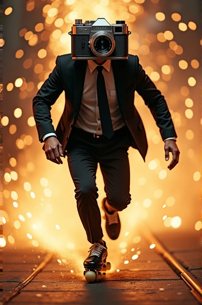 Man in suit with camera head、Sprinting、Use rollerblades、High-speed line、Particle Effects、Afterimage、Frontal cut escape drama、Unnecessarily cool。、simple