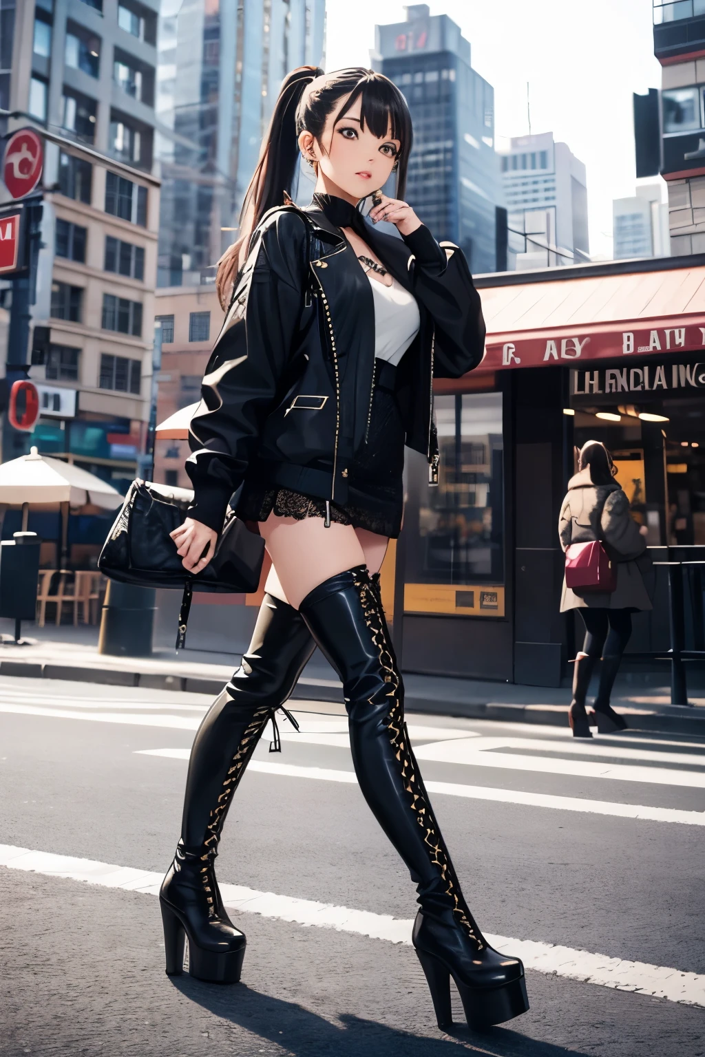 thigh high boots, platform boots, girl, high heels, lace up boots, city, walking, ponytail