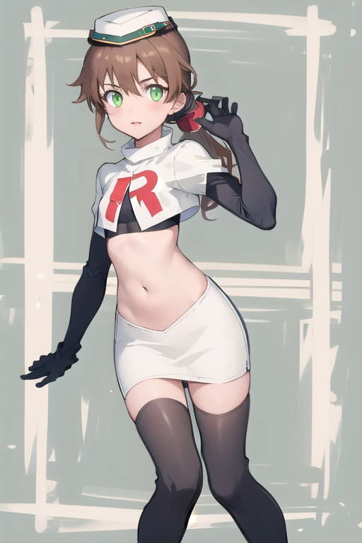 best quality, (masterpiece:1.2), illustration, absurdres,
(1girl), (solo), (beautiful detailed girl),
Towa Herschel, brown hair, ponytail, hair ribbon, green eyes, , small, short, flat chest, small breasts,
white hat, headwear,
team rocket,team rocket uniform,white skirt,red letter R,crop top,black thigh-highs,black elbow gloves,
looking at viewer, 
