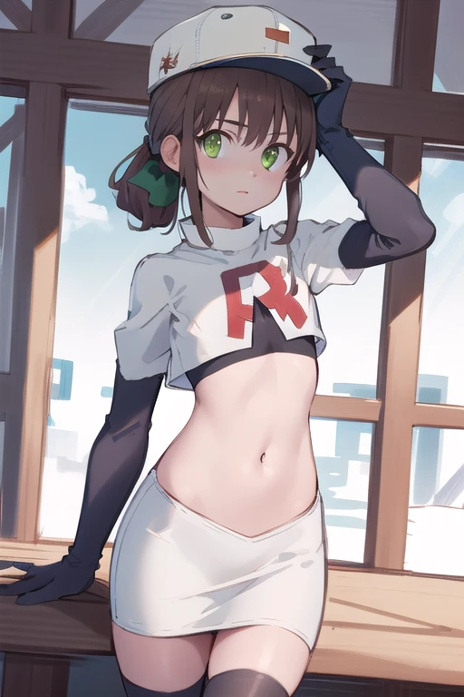 best quality, (masterpiece:1.2), illustration, absurdres,
(1girl), (solo), (beautiful detailed girl),
Towa Herschel, brown hair, ponytail, hair ribbon, green eyes, , small, short, flat chest, small breasts,
white hat, headwear,
team rocket,team rocket uniform,white skirt,red letter R,crop top,black thigh-highs,black elbow gloves,
looking at viewer, 
