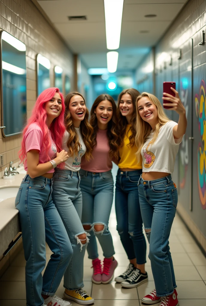 Teenage girl with friends wearing skater clothes in a mall bathroom taking a selfie with a cell phone in the mirror.
