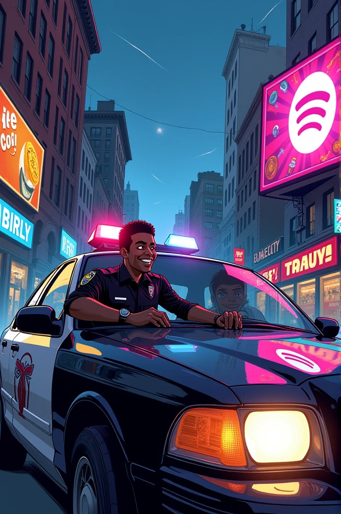 Create a comic scene. From the movie Spider-Verse. When his dad, who's a police officer, takes him to school,.and they see an ad on the way for the new Spotify app