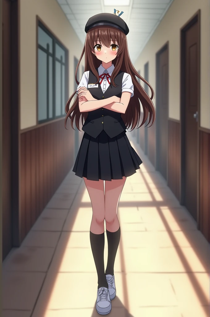 A girl with long brown hair, brown eyes, curvy body, G cup chest. Wearing a school uniform, aka a white shirt with a nameplate, black skirt, cloth vest jacket, beret hat, and white shoes. Background: In the school hallway with a cold gaze while crossing her arms over her chest. (Anime art style, HD, masterpiece)