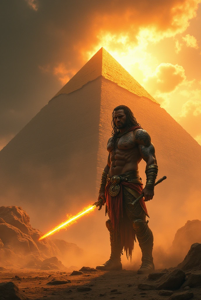 Warrior of the most dangerous race in the universe, standing in front of the pyramid of the sun defending it from an attack