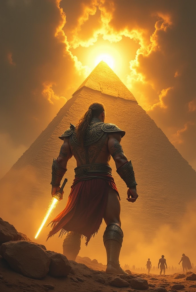 Warrior of the most dangerous race in the universe, standing in front of the pyramid of the sun defending it from an attack