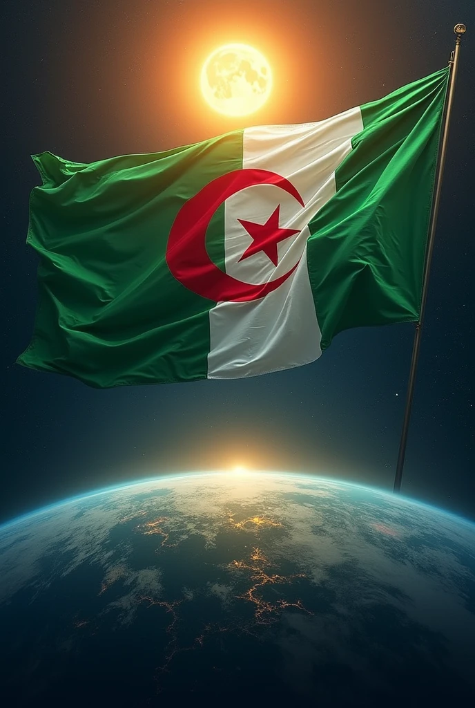 Écrire en haut. Il n'y a que Allah qu'Allah et Mohamed et le messager serviteur d'Allah 
La drapeau algérien vert et blanc croissant de lune étoile rouge sang
 Sur la planète terre et la Lune qui brille fort et le soleil à son zénith