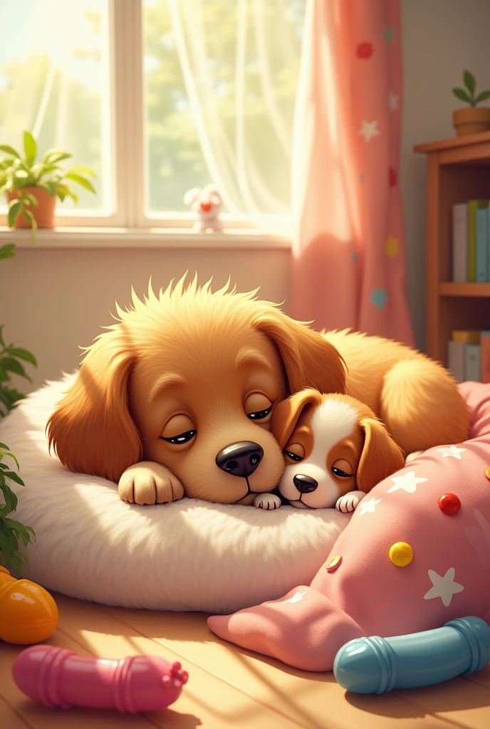 **10. Shared happiness**
-Dog Bili snuggling in his warm bed next to puppy Neve. Both seem happy and comfortable, symbolizing the new friendship.