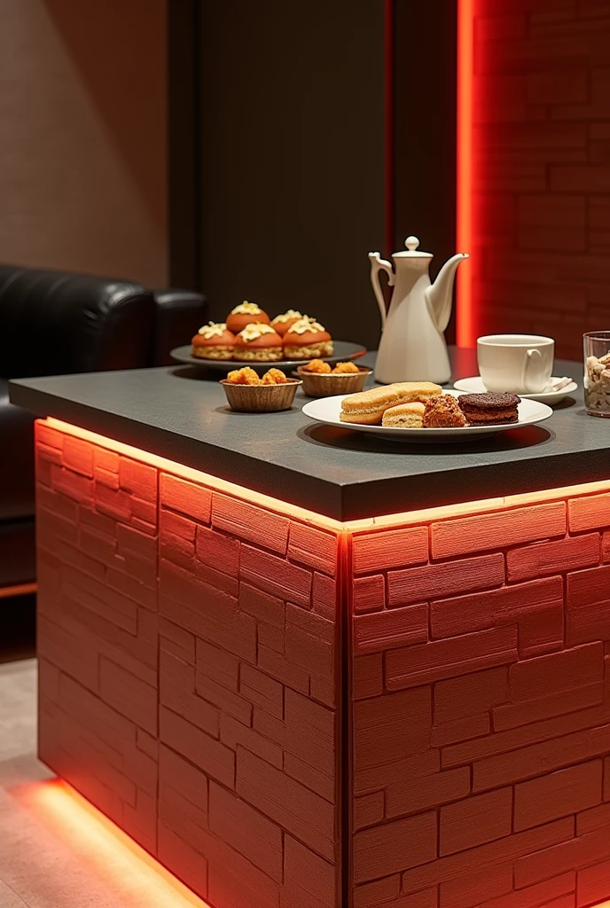 A square hospitality table, handcrafted to be a stylish centerpiece in the guest lounge.. The table top is made of clear glass, adding a touch of sophistication and simply showcasing what is placed on it.. The sides are made of MDF wood clad with textured wallpaper that resembles brick, giving the table a modern and economical feel..
Equipped with soft red interior lighting using a warm LED strip, it spreads a soft and beautiful glow throughout the room.. The table is adorned with a stylish teapot and some light breakfast treats, enhancing the hospitality atmosphere and adding a warm and welcoming touch.