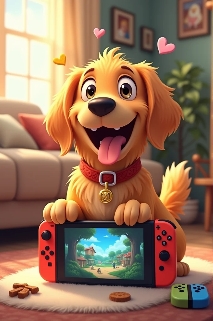 A dog smiles while playing Nintendo Switch