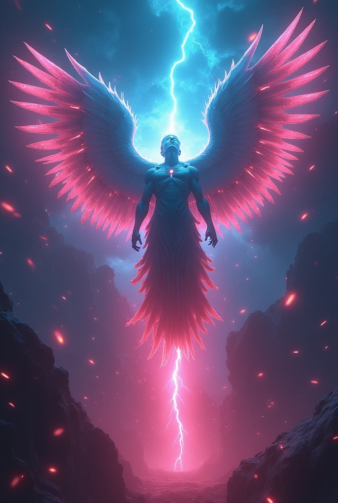 Cosmic Fallen Angel falling and hurt and his wings bruised, glowing light eyes, Biomechanics, weirdcore, nasty, nightmarish, very bright colors, light particles, with light shining, Mshiff, Wallpaper Art, UHD Wallpaper