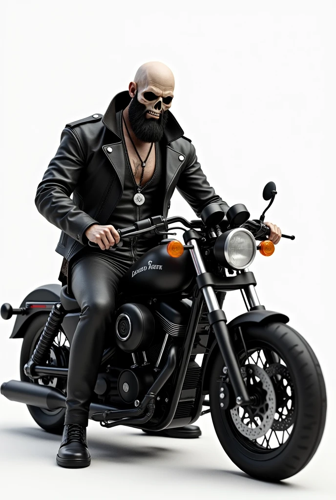 3d type image in drawing, Caveira with a beard, black leather jacket, open black leather vest, silver soldier-style cord, sitting on a low black motorcycle with high handlebars with a white background.