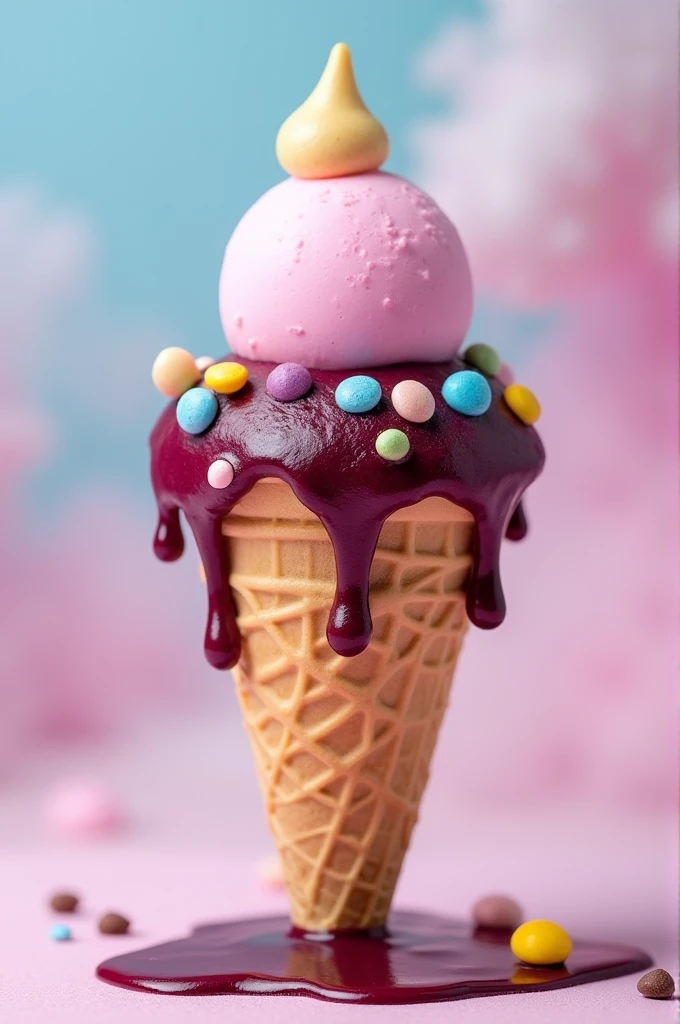 Create a cone with a round pink pastel ball on top of the cone and on top of the round ball a blackberry sauce and colorful chips