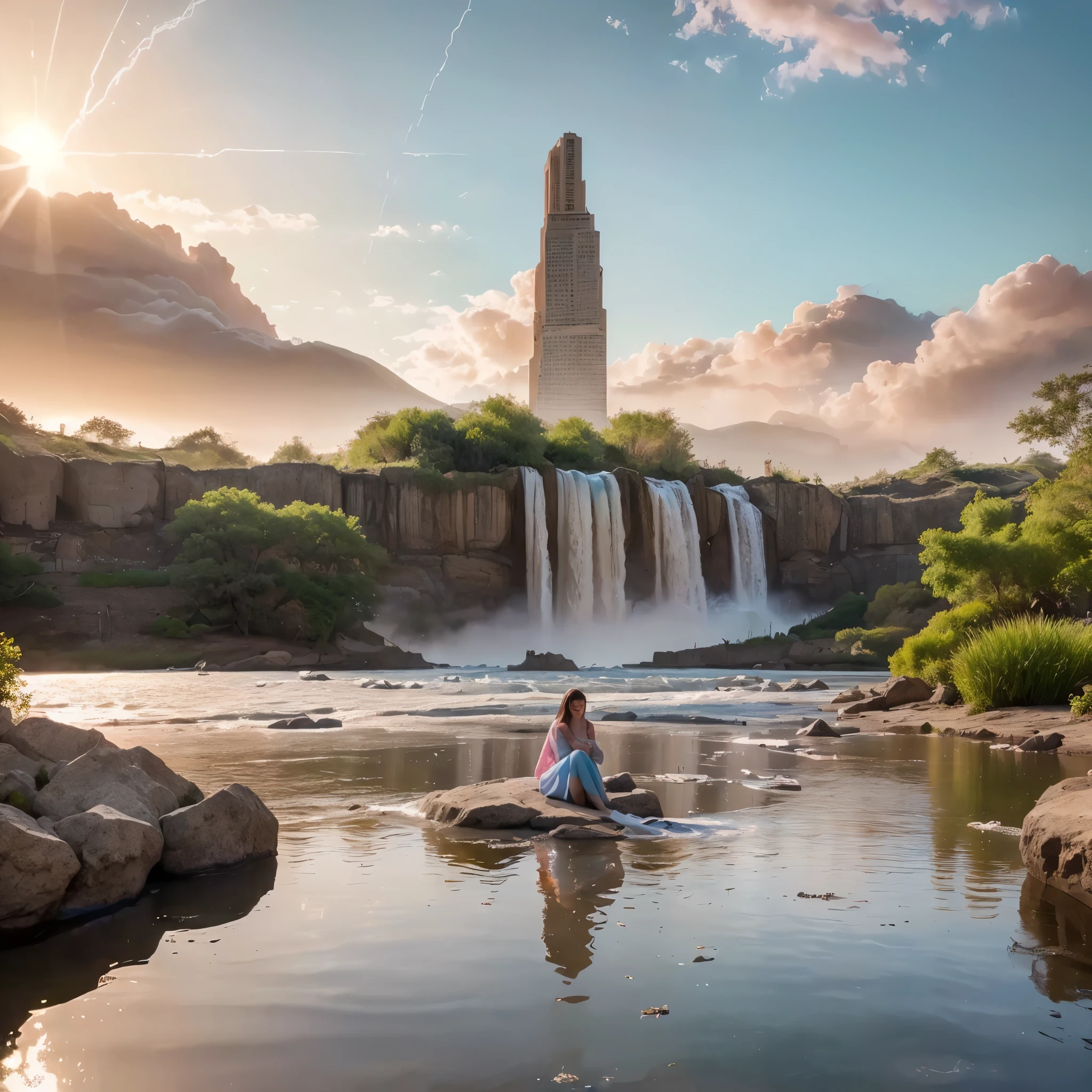 (8k, highest quality, masterpiece, final fantasy style: 1.2), (unRealistic, photoRealistic: 1.37), Dreamy landscape, epic scenes, sunset, Fantasy, Unsurreal landscapes, Super detailed, Flying futuristic Castle, Floating Island in the Sky, Seven-colored swirl of light, Intense lightning, nebulas,Complex Light, Colored light, blue clear Large Lake, Starry sky reflected on the lake surface, Countless shining stars, Meteors, Reflections , (A pillar of light emanated from the ground:1,2), (((roses and orchids gardens , bright sunset, pink and blue clouds, waterfalls in the sky, realistic style))), Hyperrealistic drawing , burning futuristic skyscrapers, , timeless realms, healing light magic effect, in a crystal clear blue magical lagoon of the fairyland, crystal clear waters with silver surface reflections, sharp focus, (close-up:0.9), (bright white theme:1.2), (bright white tone:1.2), (deep blue tone:1.3),((( realistic, Hyperrealism, vivid colours , landscapes , alien nature , science fiction themes))), mountains and abyss, water resources and waterfalls , fog , a mesmerizing beautiful woman sitting in the shallow lake, her reflections on the surface of the lake , long brunette hair, white blouse
