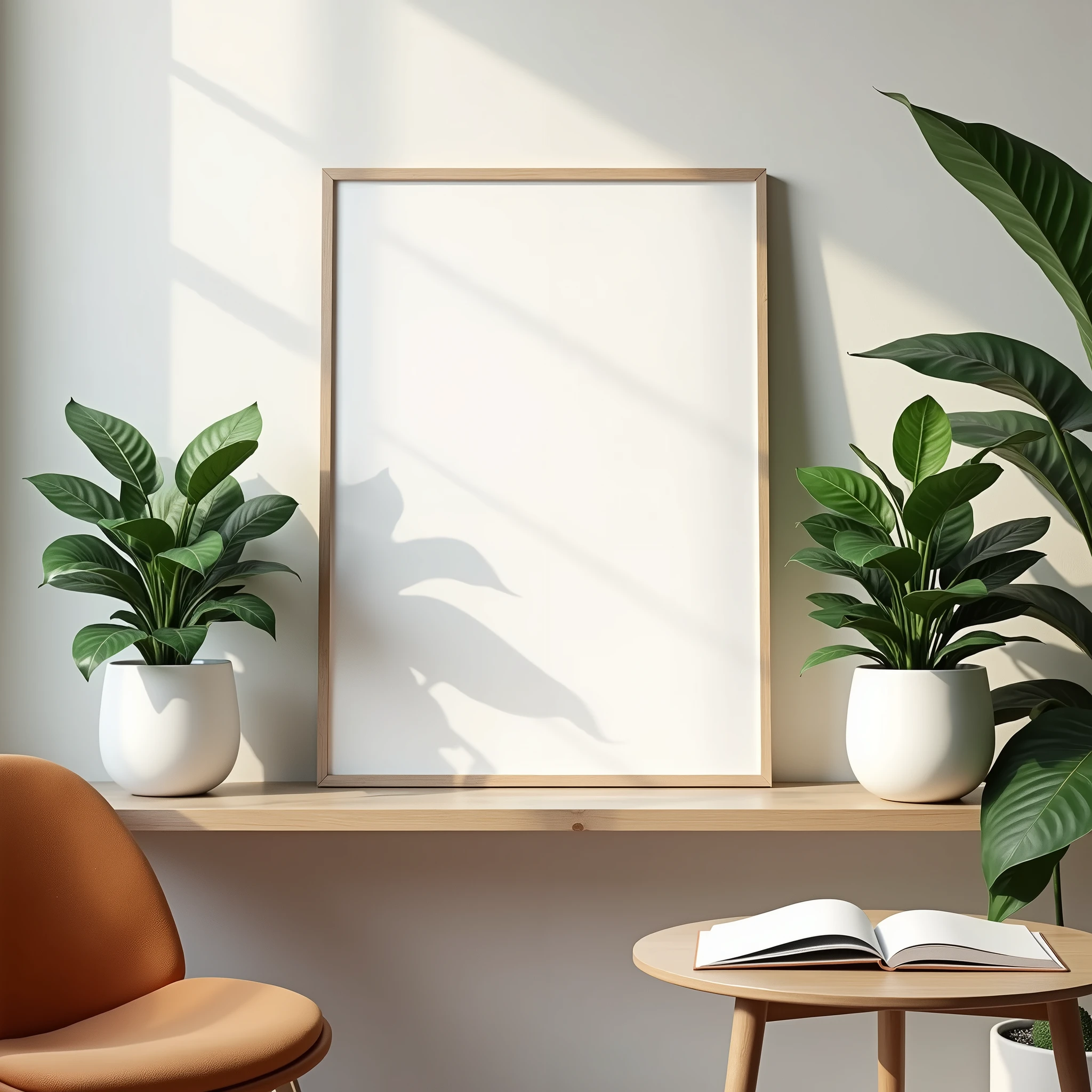 A framed A4 poster with a blank canvas, placed on a minimalist Scandinavian-style shelf. The poster is surrounded by indoor plants in ceramic pots, with a neutral-toned wall as the backdrop. The setting includes a cozy reading nook with a wooden chair, a small table with a book, and soft ambient lighting