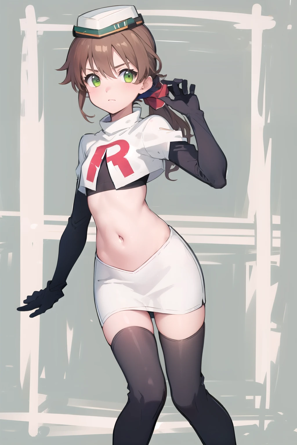 best quality, (masterpiece:1.2), illustration, absurdres,
(1girl), (solo), (beautiful detailed girl),
Towa Herschel, brown hair, ponytail, hair ribbon, green eyes, , small, short, flat chest, small breasts,
white hat, headwear,
team rocket,team rocket uniform,white skirt,red letter R,crop top,black thigh-highs,black elbow gloves,
looking at viewer, 
