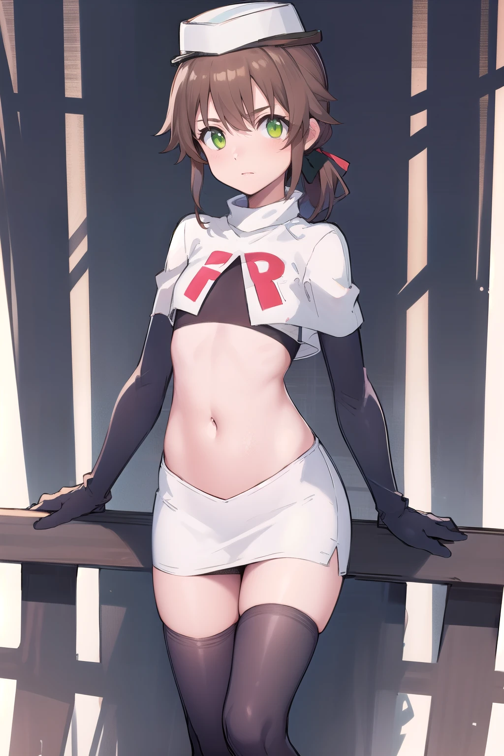 best quality, (masterpiece:1.2), illustration, absurdres,
(1girl), (solo), (beautiful detailed girl),
Towa Herschel, brown hair, ponytail, hair ribbon, green eyes, , small, short, flat chest, small breasts,
white hat, headwear,
team rocket,team rocket uniform,white skirt,red letter R,crop top,black thigh-highs,black elbow gloves,
looking at viewer, 
