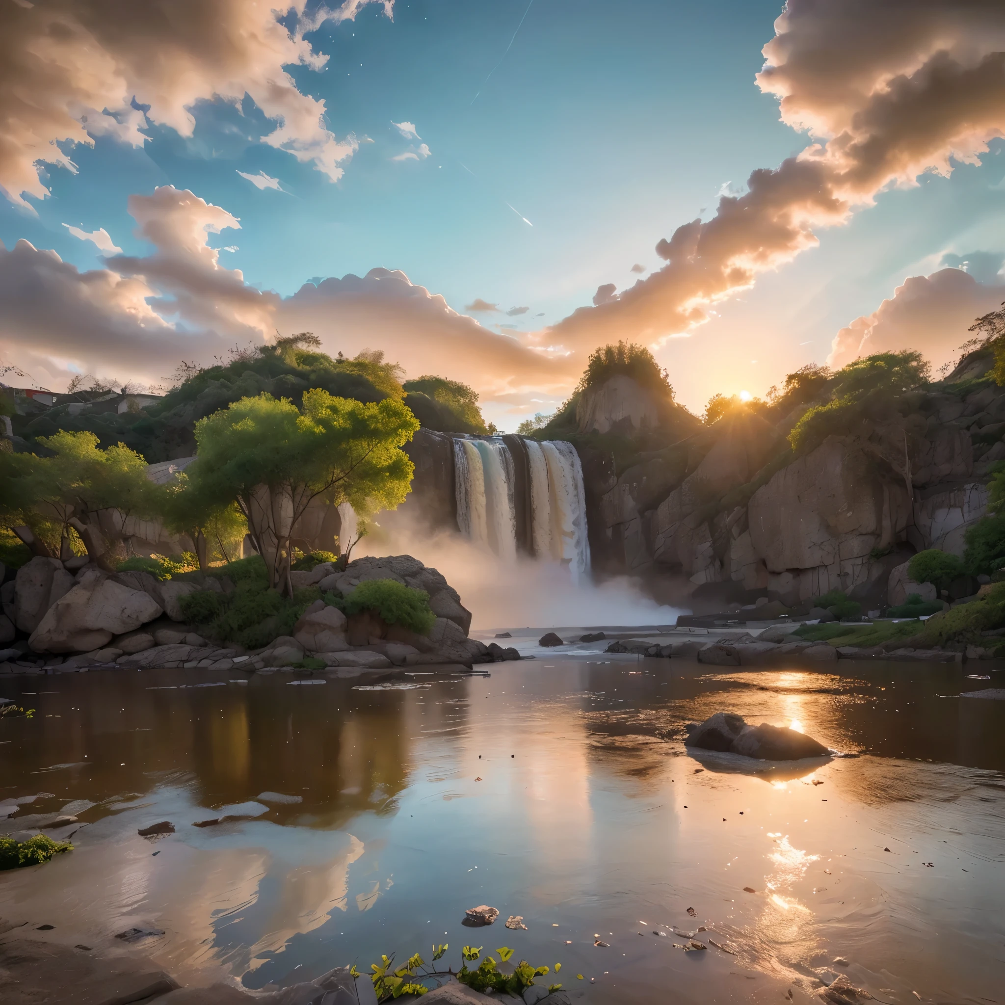 (8k, highest quality, masterpiece, final fantasy style: 1.2), (unRealistic, photoRealistic: 1.37), Dreamy landscape, epic scenes, sunset, Fantasy, Unsurreal landscapes, Super detailed, Flying futuristic  Castle, Floating Island in the Sky, Seven-colored swirl of light, Intense lightning, nebulas,Complex Light, Colored light, blue clear Large Lake, Starry sky reflected on the lake surface, Countless shining stars, Meteors,  Reflections , (A pillar of light emanated from the ground:1,2), (((roses and orchids gardens , bright sunset, pink and blue clouds, waterfalls in the sky, realistic style))), Hyperrealistic drawing , burning futuristic skyscrapers, , timeless realms, healing light magic effect, in a crystal clear blue magical lagoon of the fairyland, crystal clear waters with silver surface reflections, sharp focus, (close-up:0.9), (bright white theme:1.2), (bright white tone:1.2), (deep blue tone:1.3),((( realistic, Hyperrealism, vivid colours , landscapes , alien nature , science fiction themes))), mountains and abyss, water resources and waterfalls , fog , a mesmerizing beautiful woman sitting in the shallow lake, her reflections on the surface of the lake , long brunette hair, white blouse
