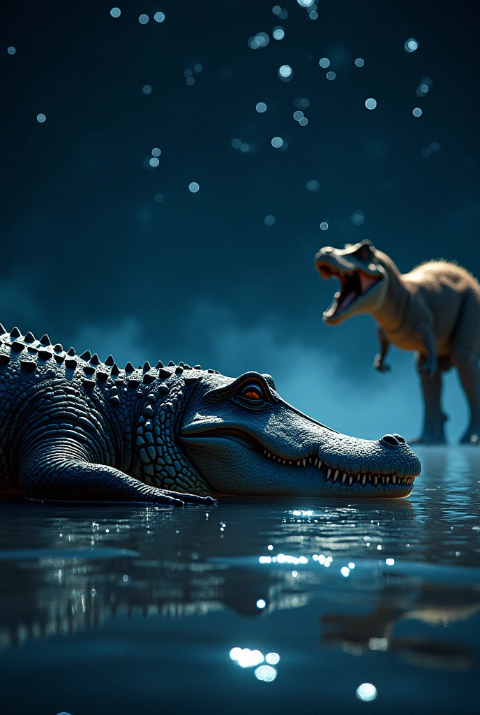 A crocodile on a dark and starry night on the sheet and from where the background stars a t-rex in great spirit