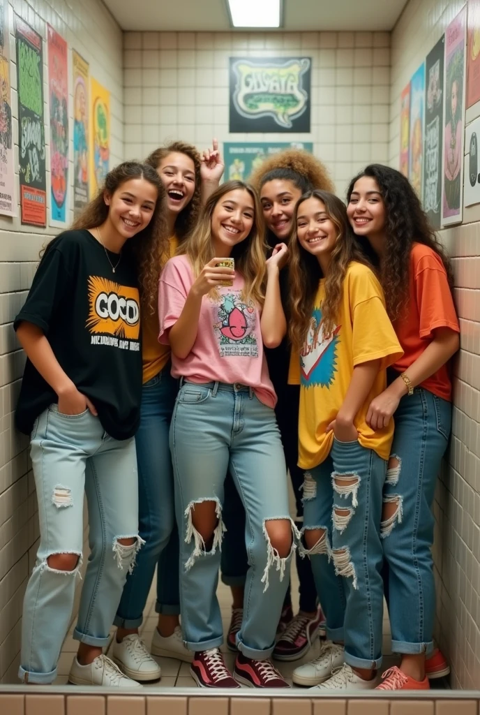 girl with friends wearing skater clothes in a mall bathroom taking a selfie with a cell phone in the mirror.