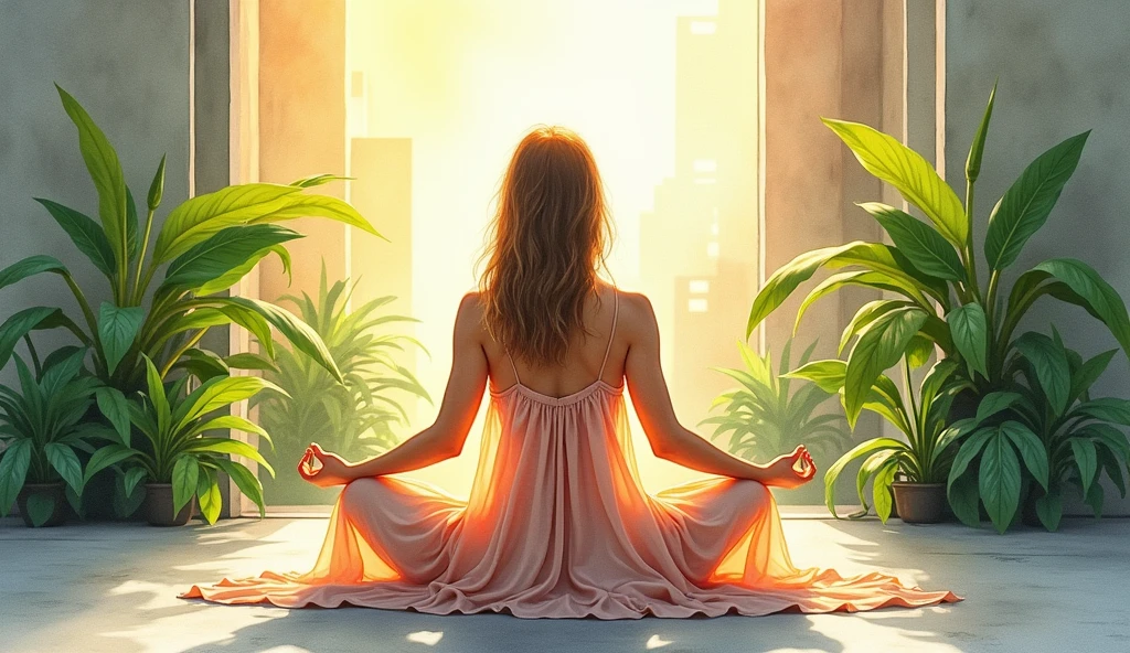 watercolor art urban and modern woman meditating in the background plants sunlight the woman dressed in a beautiful dress do not put an oriental person the photo is not sensual she must be without sensuality