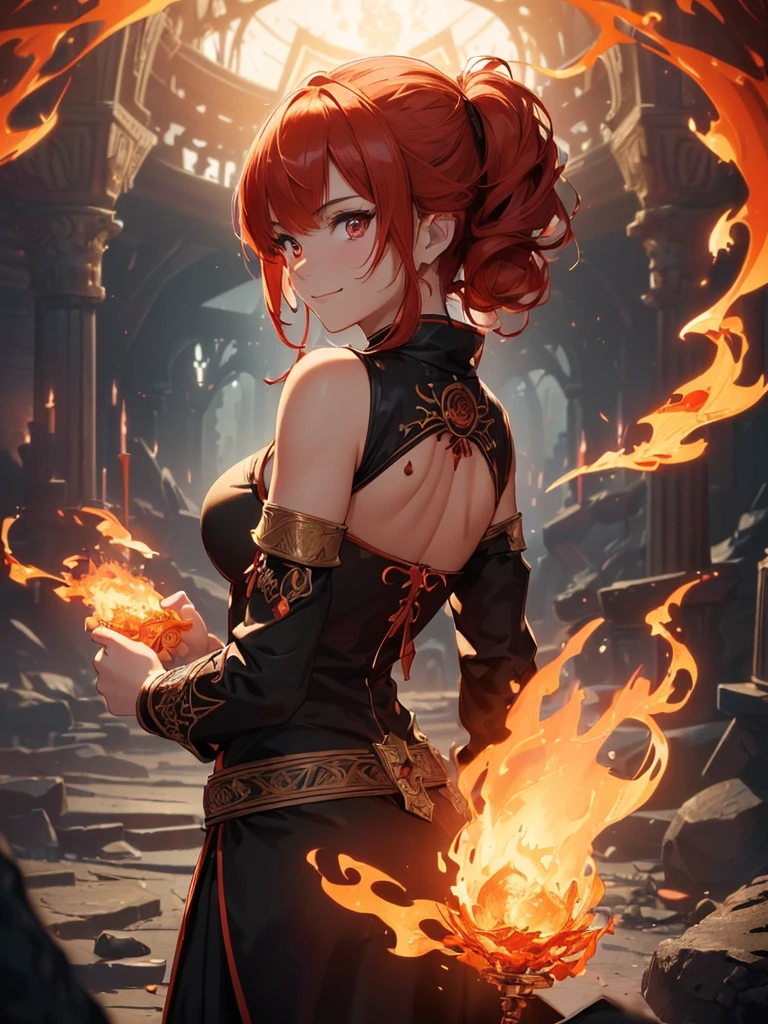 (((best quality, sharp image, clear image, cinematic lighting, 8k resolution, masterpiece, ultra detailed, intricate))) Girl, (((looking over left shoulder))), (shot from behind), fire mage, ((intricate background)), ((chaotic background)), red hair, smiling, ((flame runes, flame sigils))