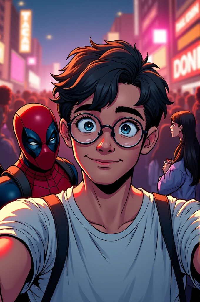 Draw an animated comic of a handsome young man (Peter Parker) wearing round glasses, a white T-shirt, posing for a selfie in a low-light environment. Behind this person, someone dressed as Deadpool is posing in the picture., the comic book character. The scene appears to be at a crowded event., like a convention or a party, since there are several people in the background
