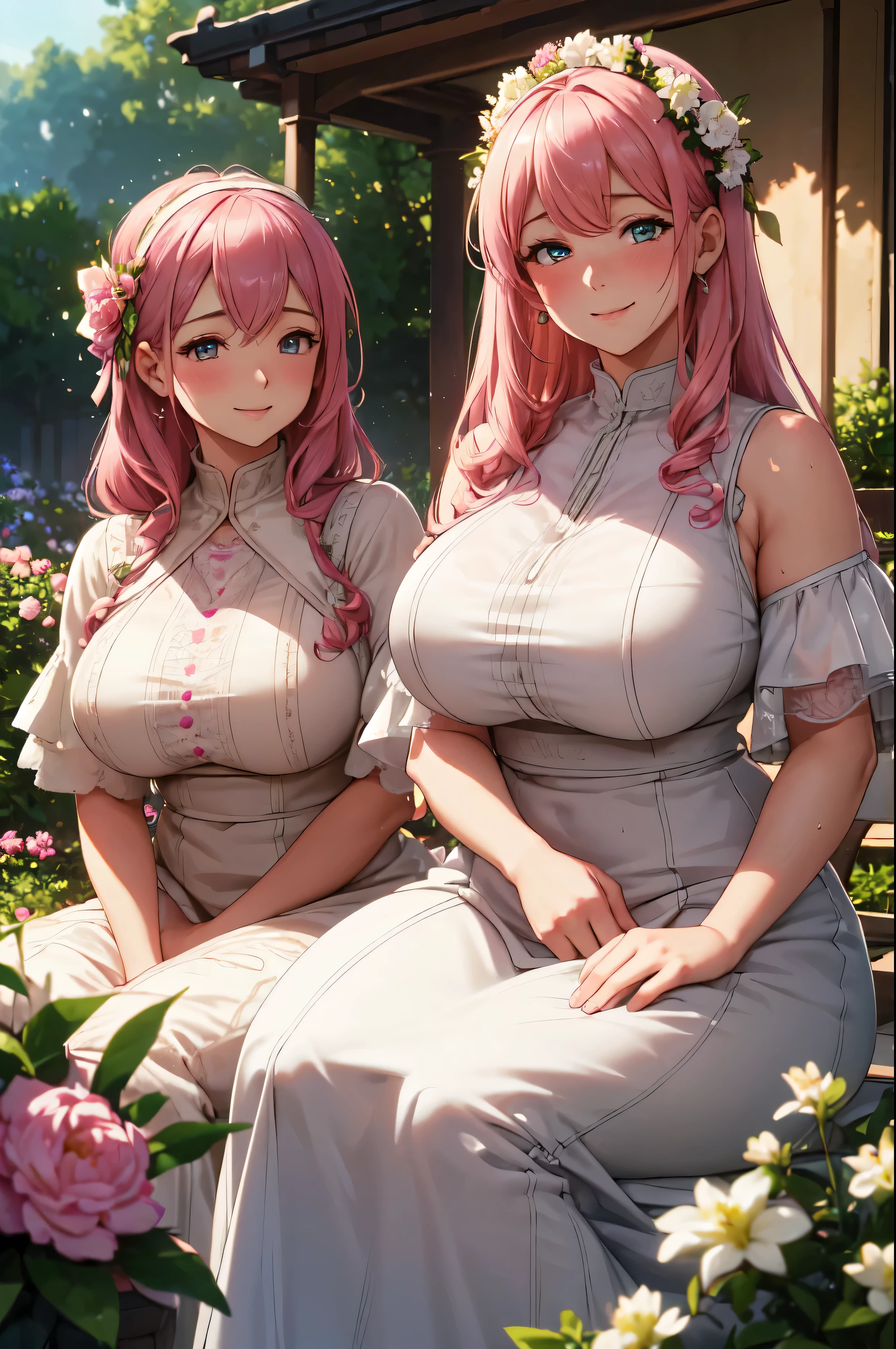 (high quality, High resolution, The finer details), In the outdoor garden, (two beautiful sisters), Detailed clothing, Curvaceous mature woman, Pink Hair, Sparkling eyes, (Detailed eyes:1.2), smile, blush, Sweat, Oily skin, Warm lighting, Soft tones, Shallow depth of field