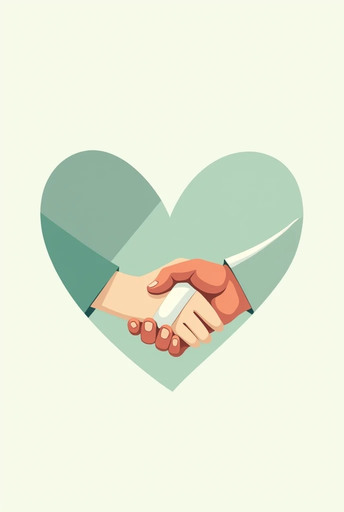 Two hands shaking hands that together form a heart. One of the hands has a injured finger, Well, it has a bandage. The image must be related to hand rehabilitation therapy. The colors must have tones according to health and rehabilitation. The image has to be a vector type to be used as a logo.