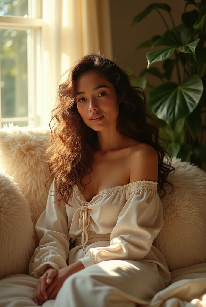 (photorealism:1.2), beautiful woman, sitting on bed, wearing loose off-shoulder top, pajama lowered pants, long curly hair, indoors, soft lighting, plants in background, window with sunlight, cozy room, relaxed pose, realistic, intricate details, warm colors, by Greg Rutkowski, by Alphonse Mucha