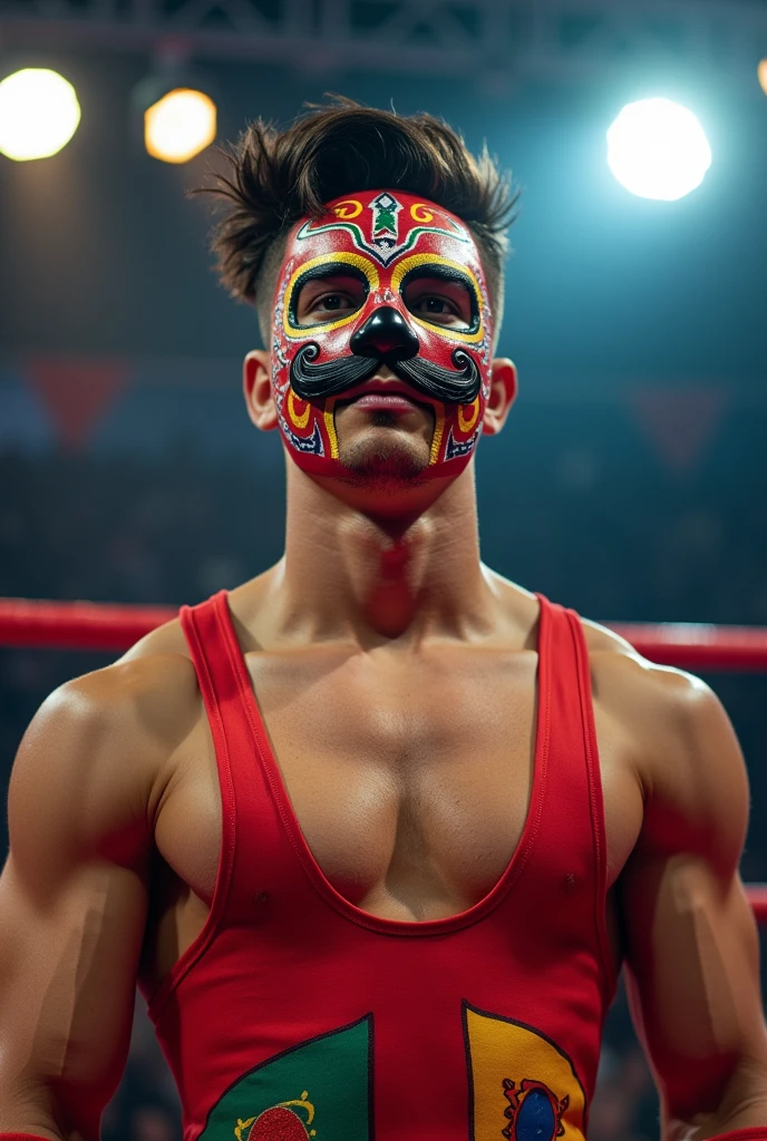 Young Mexican wrestler with wavy hair styled to the side and a mustache, fair complexion