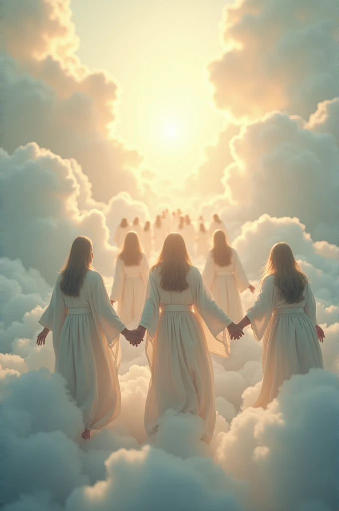 People dressed in white robes ascending to heaven among the clouds