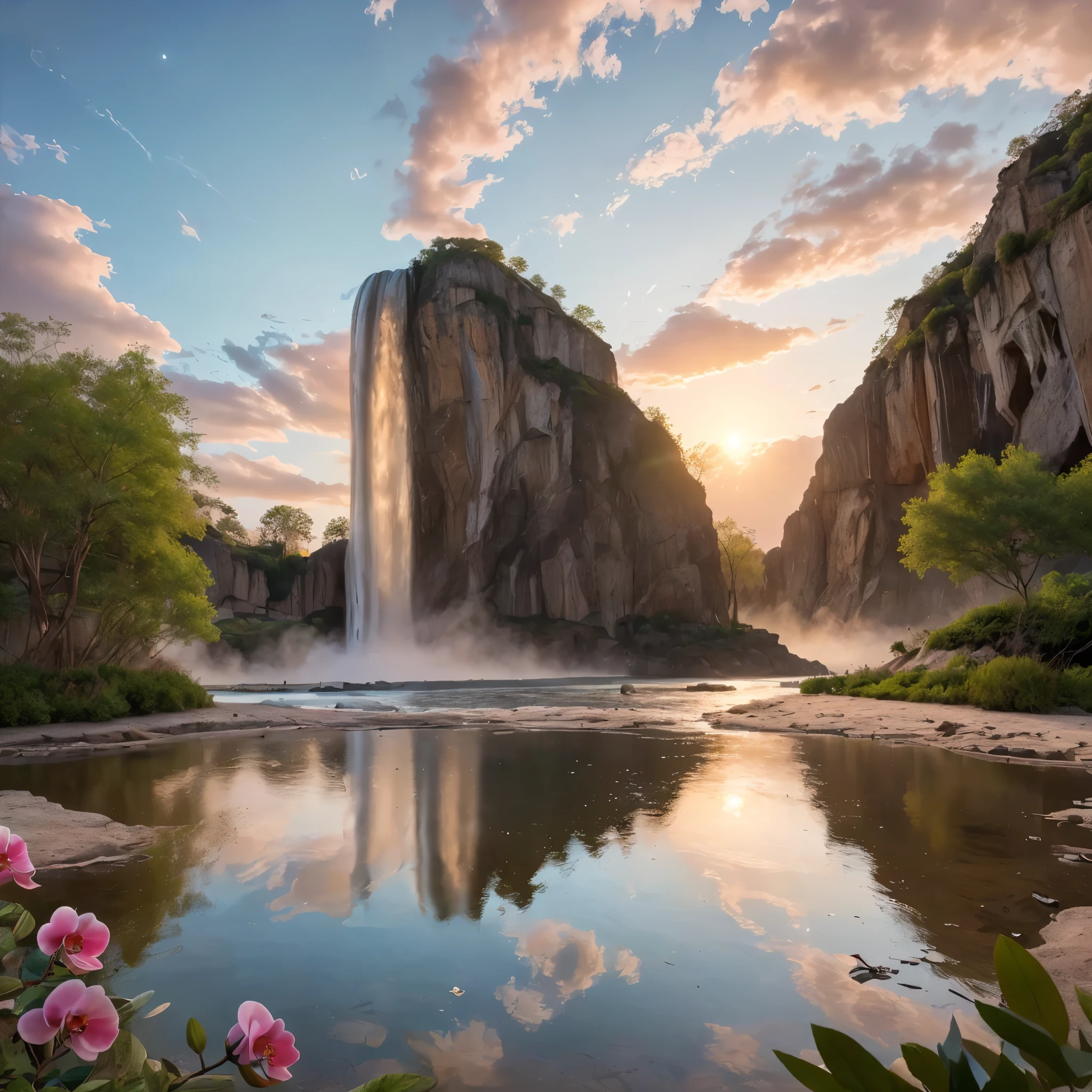 (8k, highest quality, masterpiece, final fantasy style: 1.2), (unRealistic, photoRealistic: 1.37), Dreamy landscape, epic scenes, sunset, Fantasy, Unsurreal landscapes, Super detailed, Flying futuristic  Castle, Floating Island in the Sky, Seven-colored swirl of light, Intense lightning, nebulas,Complex Light, Colored light, blue clear Large Lake, Starry sky reflected on the lake surface, Countless shining stars, Meteors,  Reflections , (A pillar of light emanated from the ground:1,2), (((roses and orchids gardens , bright sunset, pink and blue clouds, waterfalls in the sky, realistic style))), Hyperrealistic drawing , burning futuristic skyscrapers, , timeless realms, healing light magic effect, in a crystal clear blue magical lagoon of the fairyland, crystal clear waters with silver surface reflections, sharp focus, (close-up:0.9), (bright white theme:1.2), (bright white tone:1.2), (deep blue tone:1.3),((( realistic, Hyperrealism, vivid colours , landscapes , alien nature , science fiction themes))), mountains and abyss, water resources and waterfalls , fog , a mesmerizing beautiful woman sitting in the shallow lake, her reflections on the surface of the lake , long brunette hair, white blouse