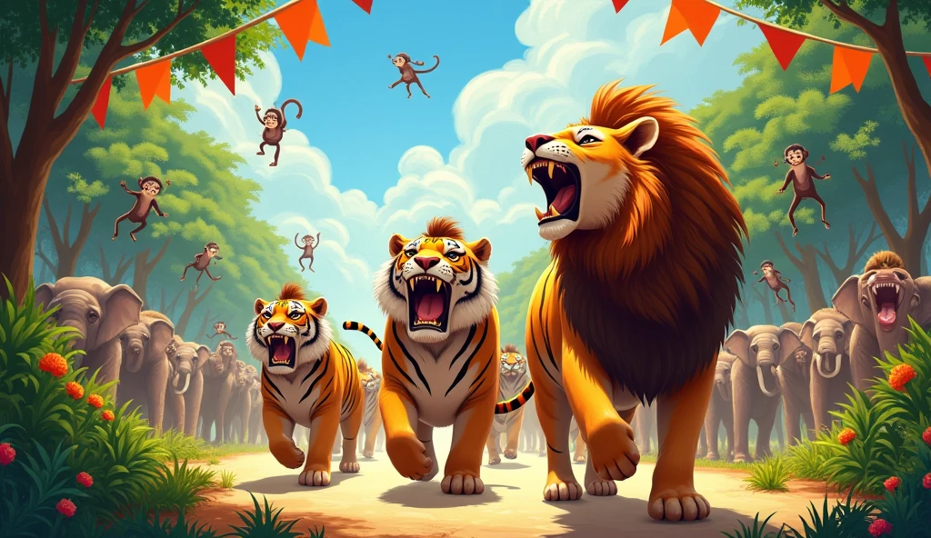 The lions roar, the tigers stride,
In the Animal Parade, let's take a ride